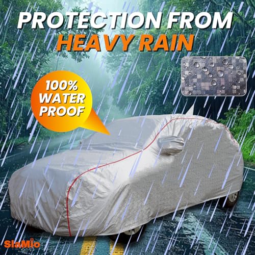 Slamio Car Cover for Maruti Suzuki Vitara Brezza (2016-2021) | Waterproof, Dustproof, UV Resistant | All-Weather Protection with Mirror & Antenna Pockets | Custom Fit, Triple Stitch | Metallic Silver. - Image 5