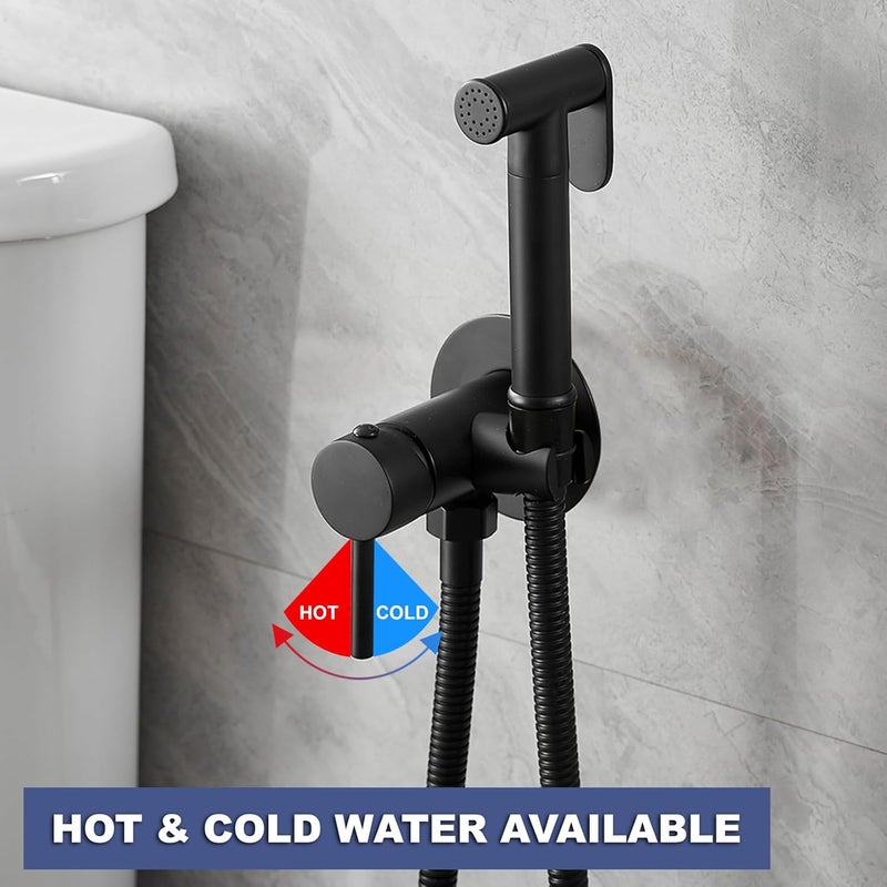 BATHFINESSE Wall Mounted Bidet Sprayer Set, Warm Water Bidet Sprayer Faucet for Toilet with Hot and Cold Brass Valve, Stainless Steel Round Handheld Bidet Attachment Set, Matte Black - Image 2