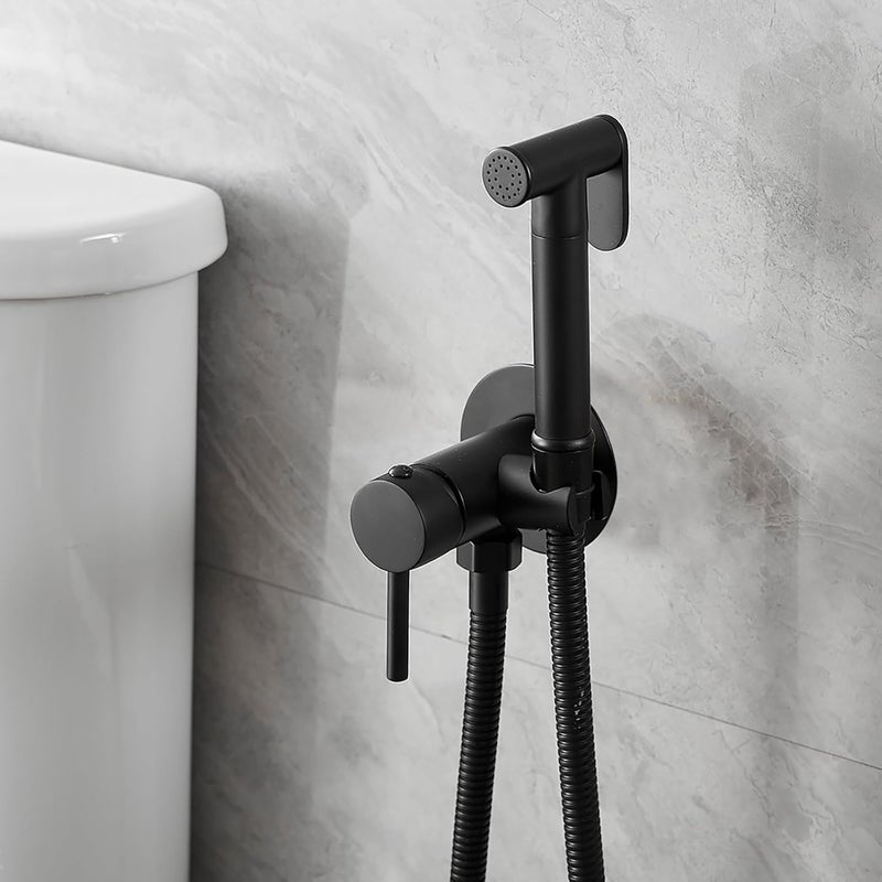 BATHFINESSE Wall Mounted Bidet Sprayer Set, Warm Water Bidet Sprayer Faucet for Toilet with Hot and Cold Brass Valve, Stainless Steel Round Handheld Bidet Attachment Set, Matte Black - Image 1