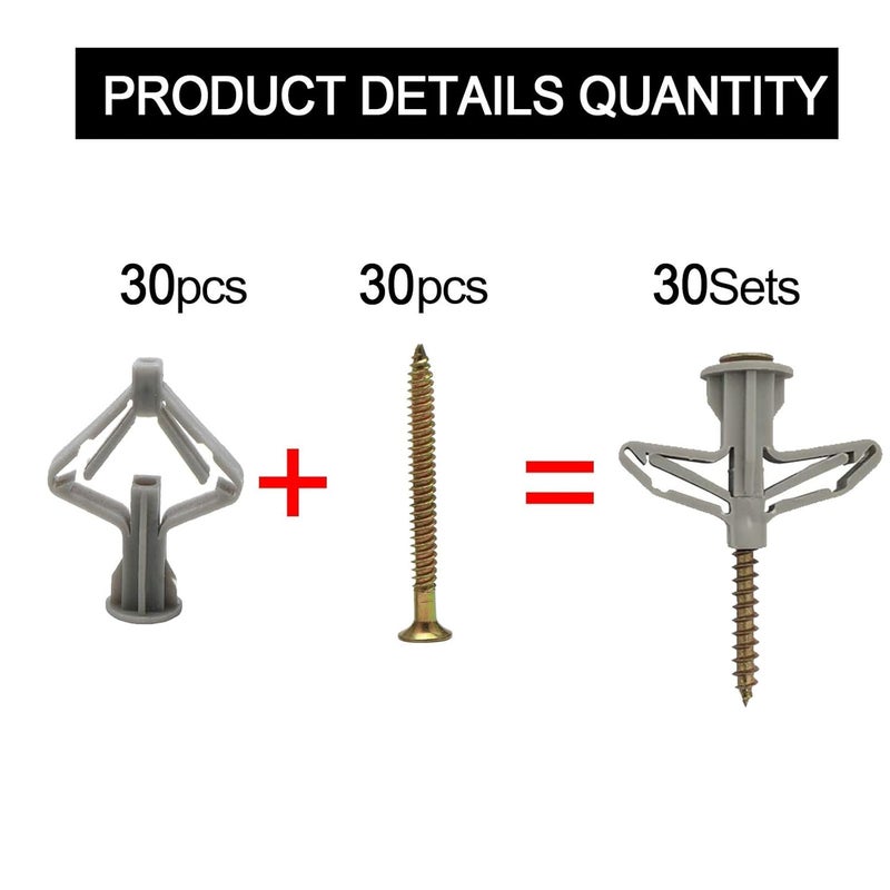 BICMTE Hollow-Wall Anchors ，Drywall Anchor kit with Screws, Self-Drilling Hollow Wall Anchor,all-60 pcs (Anchor 30+Screw 30) - Image 2