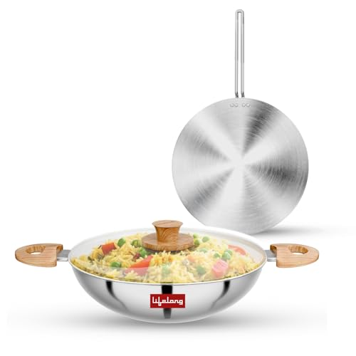 Lifelong TriPly Combo Kadhai with Lid and Roti Tawa for Cooking, Cookware Set Kadai - 22 cm & Tawa, Induction Bottom and Gas Stove Cookware - (Silver, LLTPC11) - Image 1