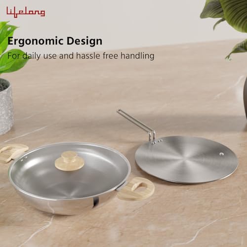 Lifelong TriPly Combo Kadhai with Lid and Roti Tawa for Cooking, Cookware Set Kadai - 22 cm & Tawa, Induction Bottom and Gas Stove Cookware - (Silver, LLTPC11) - Image 3