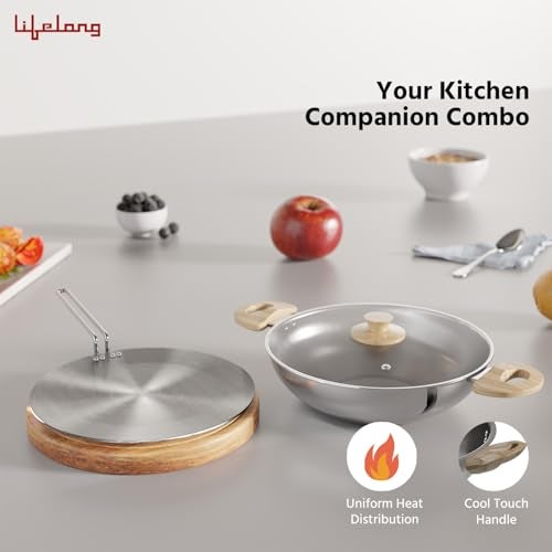 Lifelong TriPly Combo Kadhai with Lid and Roti Tawa for Cooking, Cookware Set Kadai - 22 cm & Tawa, Induction Bottom and Gas Stove Cookware - (Silver, LLTPC11) - Image 2
