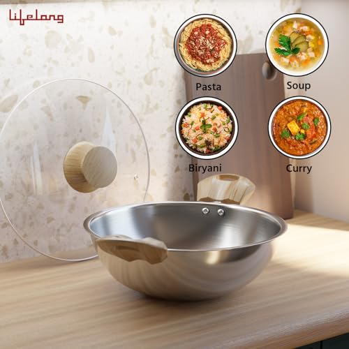 Lifelong TriPly Combo Kadhai with Lid and Roti Tawa for Cooking, Cookware Set Kadai - 22 cm & Tawa, Induction Bottom and Gas Stove Cookware - (Silver, LLTPC11) - Image 5
