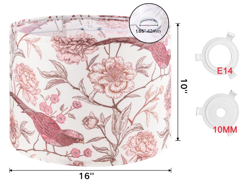 GO&SO 1 Pack Floral Bird Large Drum Lamp Shade,1.65"Spider E27 Base,16" x16" x10",Printed Pattern Design,DIY Assembly with Multi-Adapter (E14/10mm),Ideal for Floor/Table Lamps/Pendant Lighting - Image 2