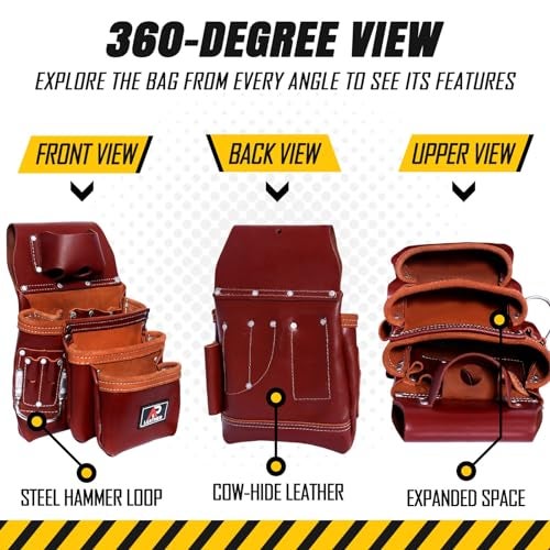 Ap Leather Pro-015 Leather Tool Pouch for Construction,Heavy Duty Hammer Holder,Buckle,3 Pocket Large with Belt, 12 Small Pocket, Tool Organizer - Image 4