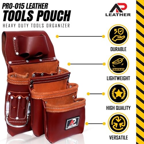 Ap Leather Pro-015 Leather Tool Pouch for Construction,Heavy Duty Hammer Holder,Buckle,3 Pocket Large with Belt, 12 Small Pocket, Tool Organizer - Image 3