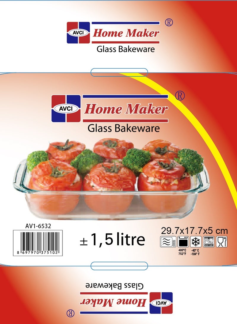 Homemaker Rectangular Glass Baking Dish, 1.5 Lt Capacity, 29.7X17.7 Cm Diameter, 5 Cm Height - Clear - Image 5