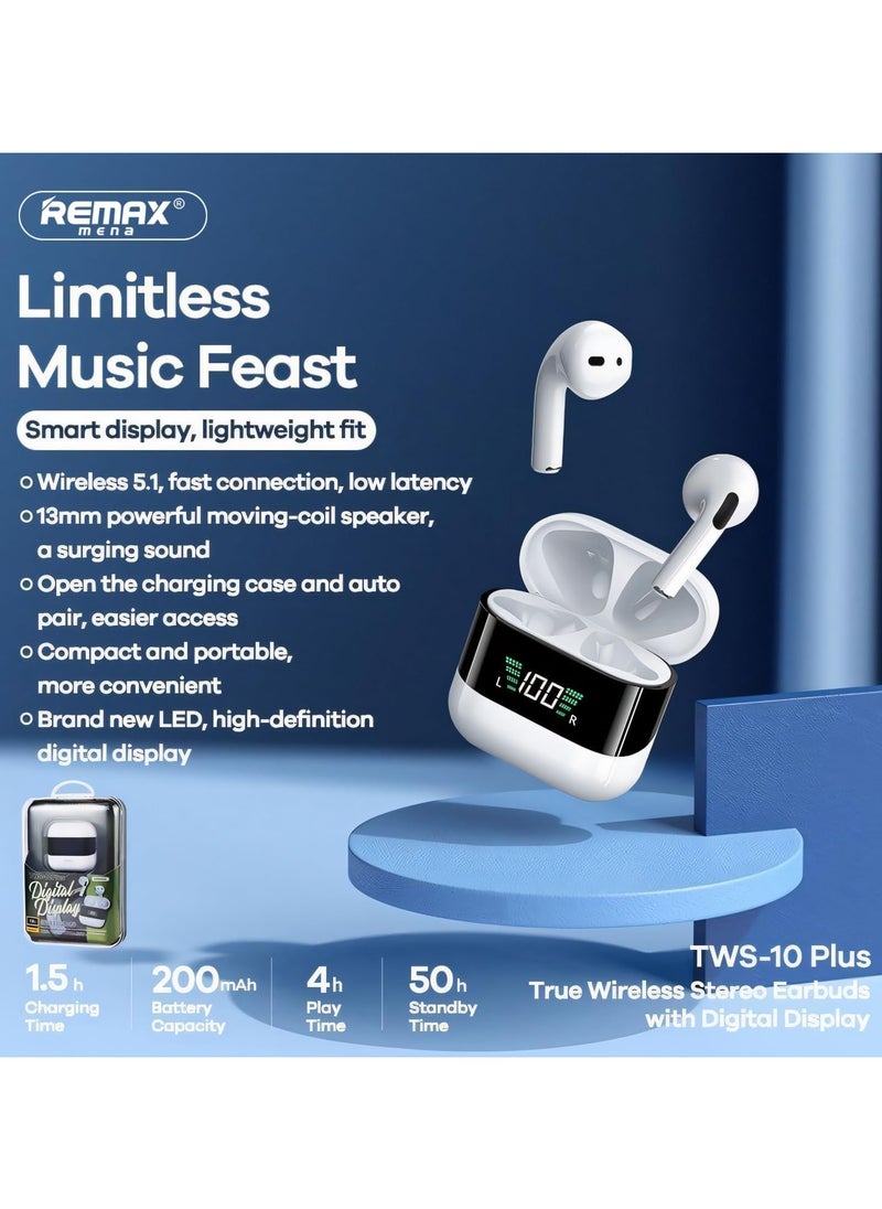 Remax Mena Digital Display True Wireless Bluetooth Earphone, Music Earbuds, TWS-10Plus Earbuds 5.1 With Super Clear Mic For Android and iOS Mobiles and Tablets, White  - Image 2