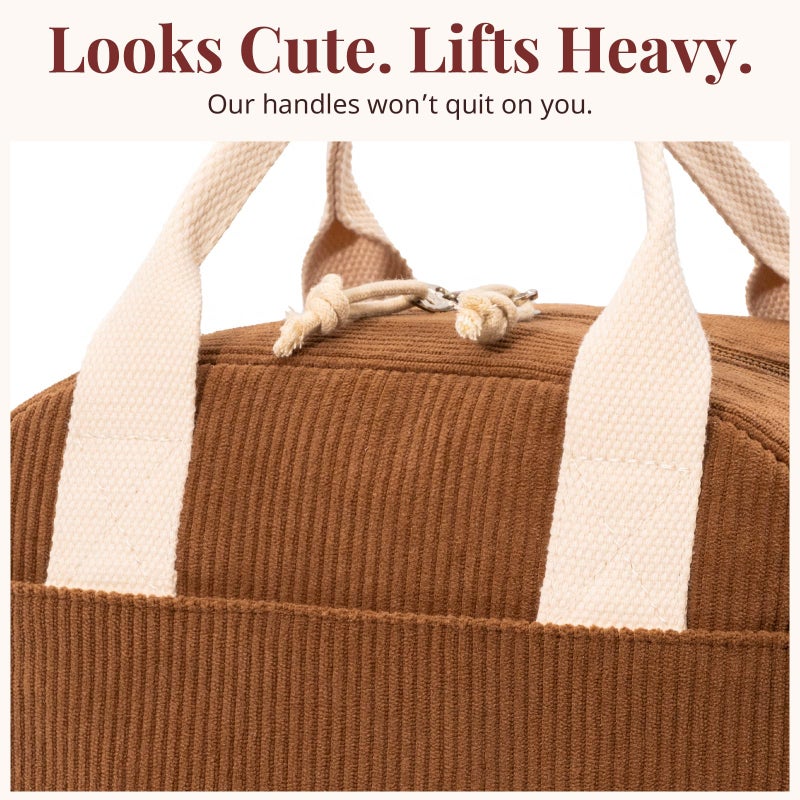 LOVELYWIND Insulated Brown Sugar Lunch Bag for Women, Stylish Corduroy Tote with Aluminum Lining, Large Capacity Reusable Cooler for Work, Travel, or Beach, Beige Cream Water-Resistant Lunch Box - Image 5
