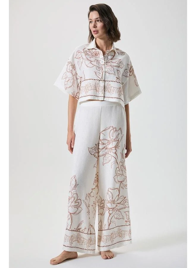100% linen wide-leg pants shirt set.