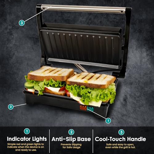 SOLARA Sandwich Griller and Toaster, 750W Electric Sandwich Maker, Non Stick Fixed Grill Plates 4 slices, Auto Cutoff, Non Toxic BPA Free, PTFE & PFOA Free, Easy to Clean, Power Indicators, Black - Image 4