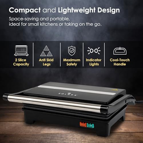 SOLARA Sandwich Griller and Toaster, 750W Electric Sandwich Maker, Non Stick Fixed Grill Plates 4 slices, Auto Cutoff, Non Toxic BPA Free, PTFE & PFOA Free, Easy to Clean, Power Indicators, Black - Image 2