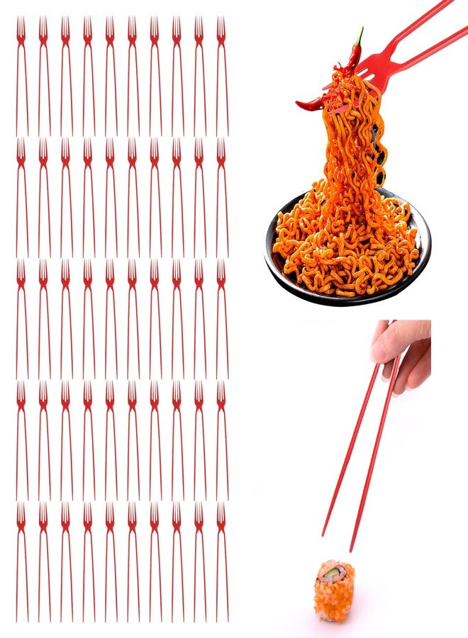 XPAPOV 50 Piece Chopstick Fork, Plastic Fork Combo, Training Chopsticks for Adults, for Outdoor Camping Picnic (Red) - Image 1