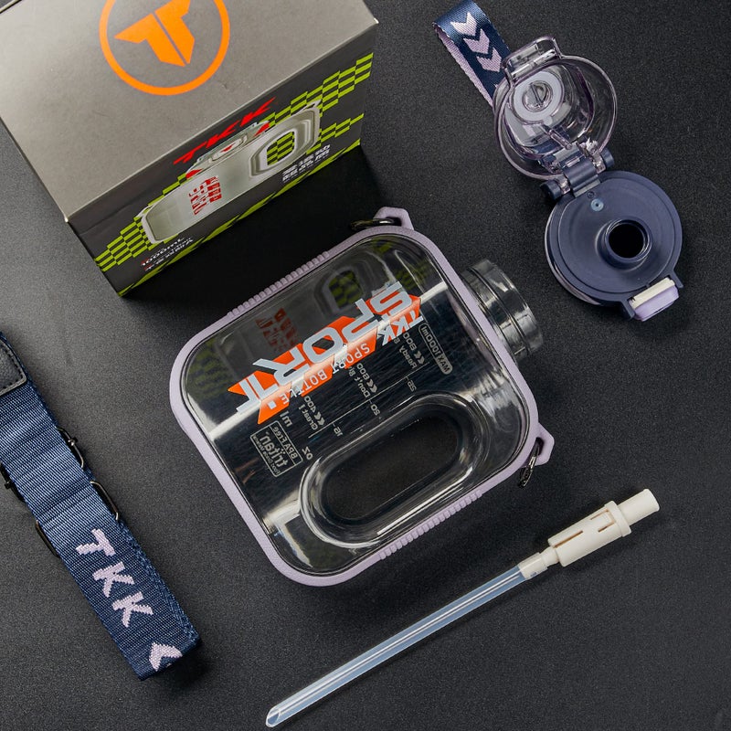 TKK زجاجة ماء رياضية TKK سعة 32 أونصة مع قشة - زجاجة ماء بلاستيكية بسعة كبيرة - آمنة للغسل في غسالة الصحون 1 لتر - خالية من BPA من مادة تريتان للجيم واليوغا والسفر والتخييم والأنشطة الخارجية - بنفسجي - Image 2