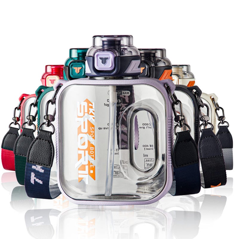 TKK زجاجة ماء رياضية TKK سعة 32 أونصة مع قشة - زجاجة ماء بلاستيكية بسعة كبيرة - آمنة للغسل في غسالة الصحون 1 لتر - خالية من BPA من مادة تريتان للجيم واليوغا والسفر والتخييم والأنشطة الخارجية - بنفسجي - Image 1