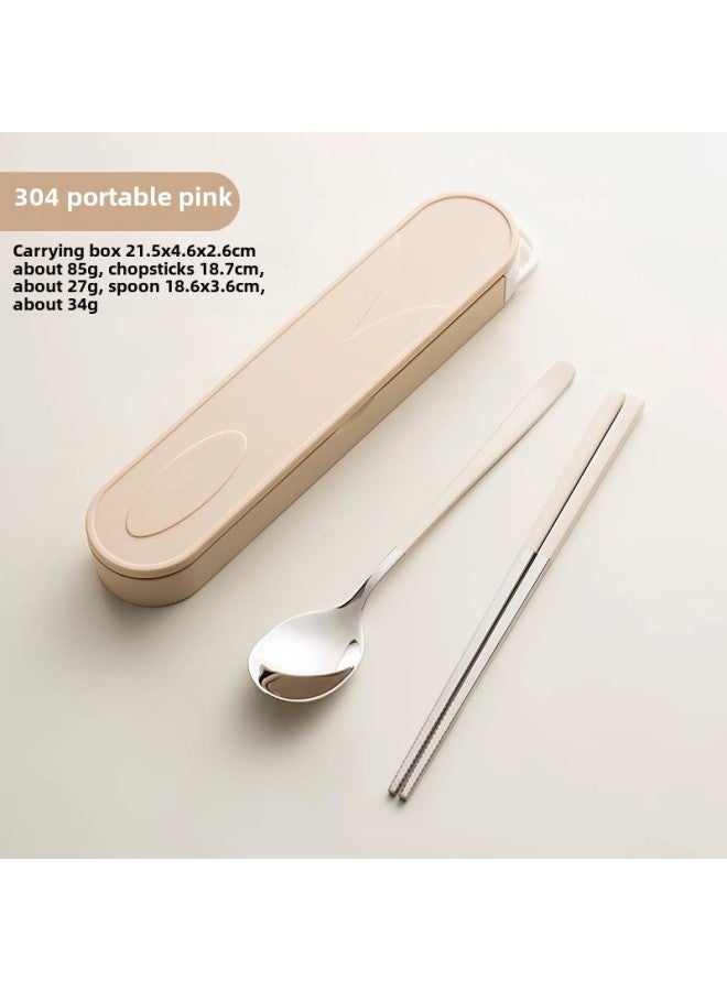 304 Stainless Steel Chopsticks Spoon Suit Portable Tableware Three-piece Set Student High-value Single Special Suit-Specifications:Chopsticks + Spoon + Fork + Box Set Of Four -Color:Milk Pink - Image 1