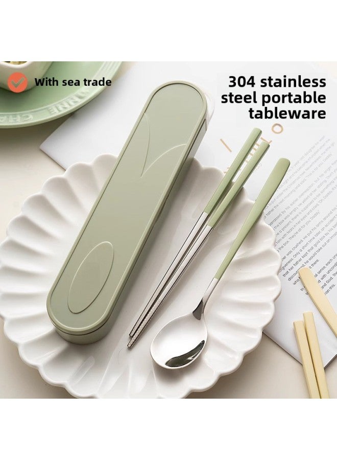 304 Stainless Steel Chopsticks Spoon Suit Portable Tableware Three-piece Set Student High-value Single Special Suit-Specifications:Chopsticks + Spoon + Fork + Box Set Of Four -Color:Milk Pink - Image 2