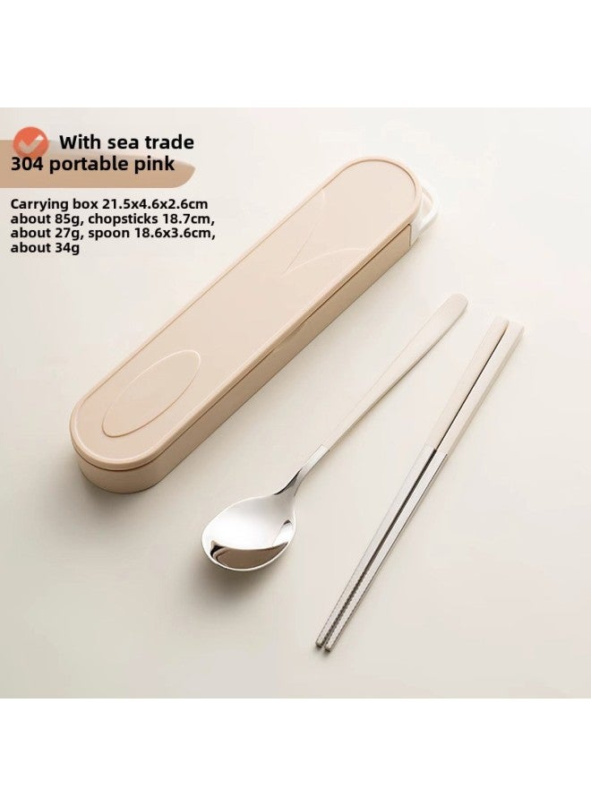 304 Stainless Steel Chopsticks Spoon Suit Portable Tableware Three-piece Set Student High-value Single Special Suit-Specifications:Chopsticks + Spoon + Fork + Box Set Of Four -Color:Milk Pink - Image 3