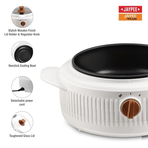 Jaypee Plus Electric CookSmart Casserole with Teflon NonStick Coating Bowl for Reheating & Cooking, Serving Casserole Wooden Finish Lid & Regulator Knob Toughened Glass Lid, 2000 ml, White - Image 3