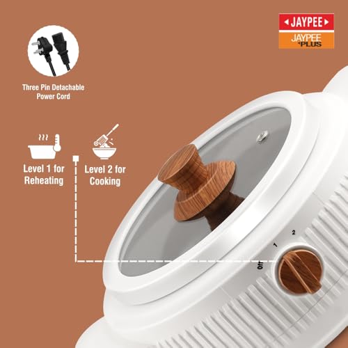Jaypee Plus Electric CookSmart Casserole with Teflon NonStick Coating Bowl for Reheating & Cooking, Serving Casserole Wooden Finish Lid & Regulator Knob Toughened Glass Lid, 2000 ml, White - Image 5