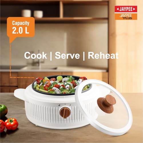 Jaypee Plus Electric CookSmart Casserole with Teflon NonStick Coating Bowl for Reheating & Cooking, Serving Casserole Wooden Finish Lid & Regulator Knob Toughened Glass Lid, 2000 ml, White - Image 2