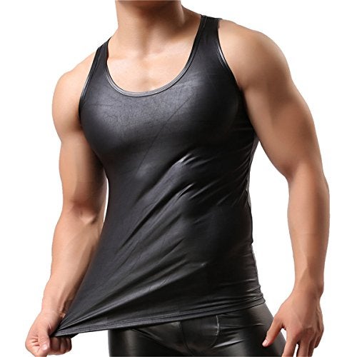 YUFEIDA Men's Faux Leather Vest Undershirt Tank Top Sleeveless Shirt Waistcoats A/Black - Image 1