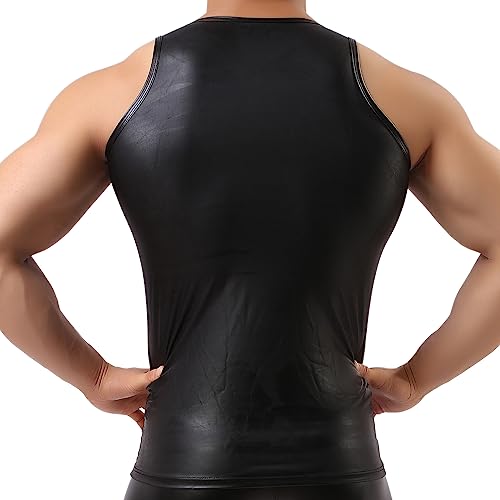 YUFEIDA Men's Faux Leather Vest Undershirt Tank Top Sleeveless Shirt Waistcoats A/Black - Image 4