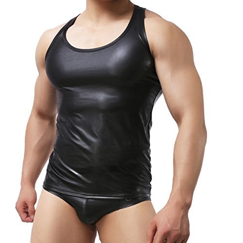 YUFEIDA Men's Faux Leather Vest Undershirt Tank Top Sleeveless Shirt Waistcoats A/Black - Image 5