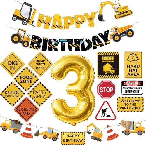 FIGEPO Construction 3rd Birthday Party Supplies Dump Truck Third Party Decorations Kits Set for Kids Three Years Old Birthday with Different Kinds Banner and Signs - Image 1