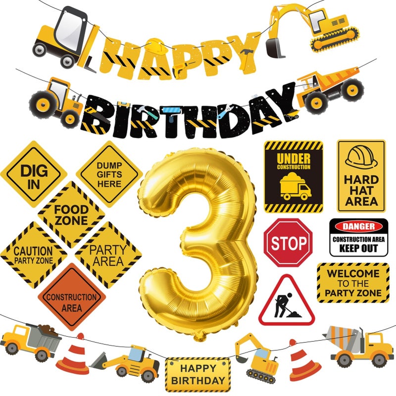 FIGEPO Construction 3rd Birthday Party Supplies Dump Truck Third Party Decorations Kits Set for Kids Three Years Old Birthday with Different Kinds Banner and Signs - Image 3