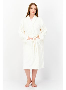 Women Textured Belted Bath Robe, Off-White