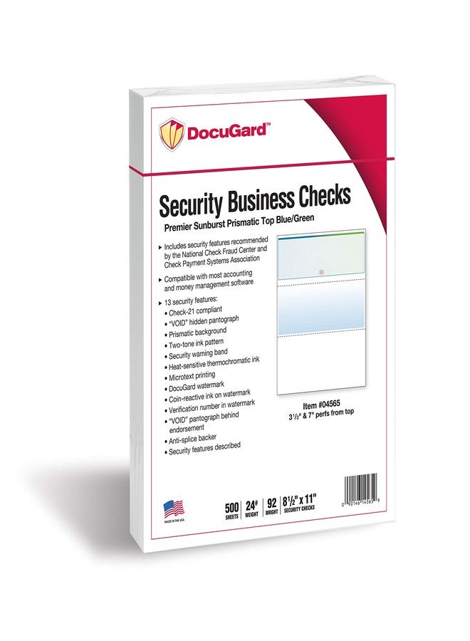 دوكو جارد ورق شيكات عالي الأمان من نوع DocuGard Blue/Green Sunburst Premier Prismatic Top - متوافق مع QuickBooks وطابعات الليزر/الحبر - 13 ميزة أمان - 500 شيك تجاري فارغ (04565) - Image 2