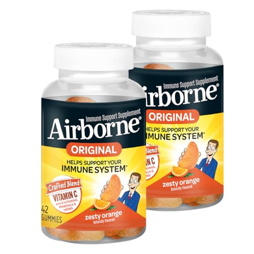 Airborne 750mg Vitamin C Immune Support Supplement Gummies for Adults, Zesty Orange Flavor, Gluten Free Crafted Blend with Powerful Antioxidants Vitamins C & E, 42 Gummies (2 Pack) - Image 1
