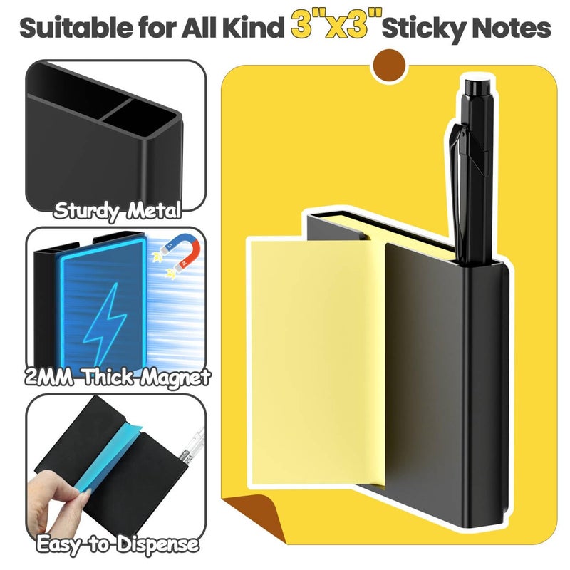 Alytree Sticky Note Dispenser, Magnetic Sticky Note Holder for Post It Notes, 3 x 3 Inch Sticky Note Pen Organizer for Office Home Classroom, Black - Image 4