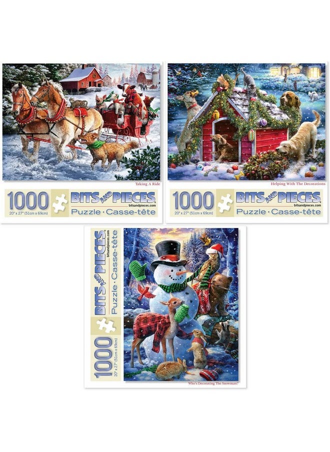 Bits and Pieces Bits and Pieces - Value Set of Three (3) 1000 Piece Jigsaw Puzzles for Adults - Each Puzzle Measures 20" X 27" - Winter Holiday Forest Animals Jigsaws by Artist Larry Jones  - Image 1