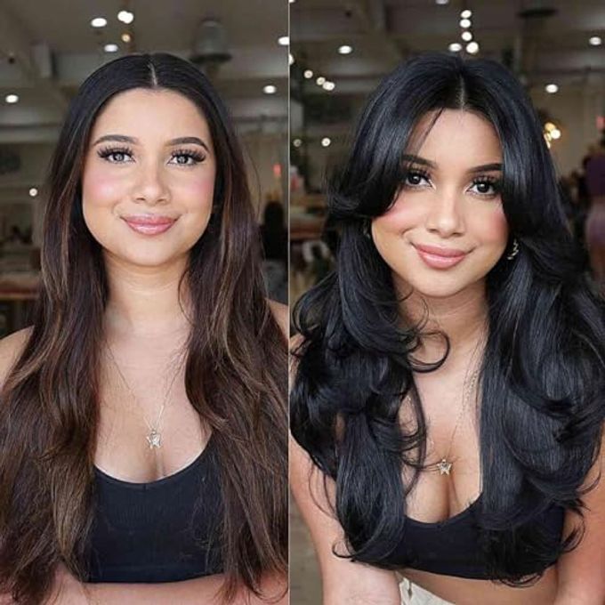 Aisaide Long Wavy Black Layered Wig with Curtain Bangs for Black Women,Synthetic Layered Long Wavy Wig Butterfly Haircut with Thin Hair for Women 24inch(1B) - Image 2