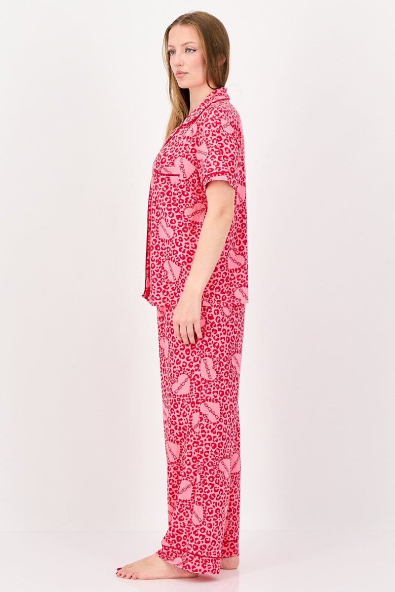 bebe Women 2 Pieces Animal Print Top And Bottom Pajama Set, Red - Image 3