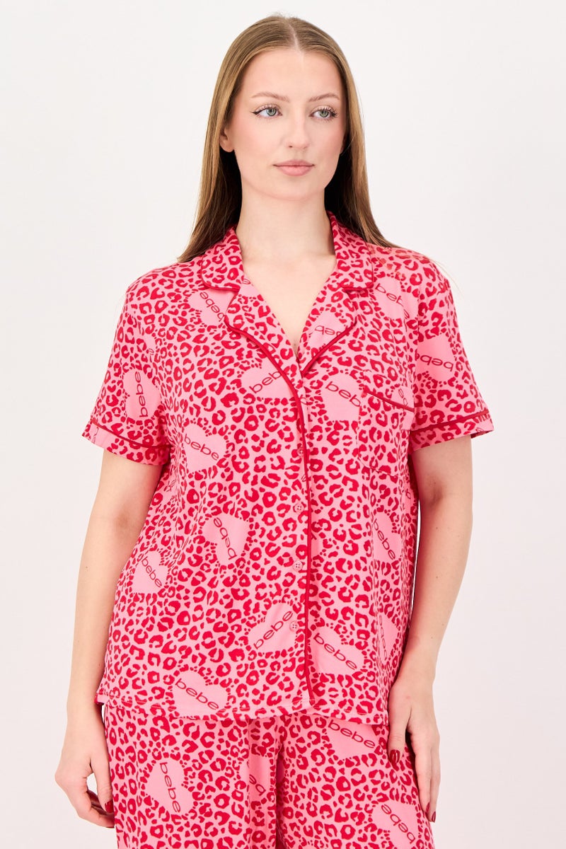 bebe Women 2 Pieces Animal Print Top And Bottom Pajama Set, Red - Image 4