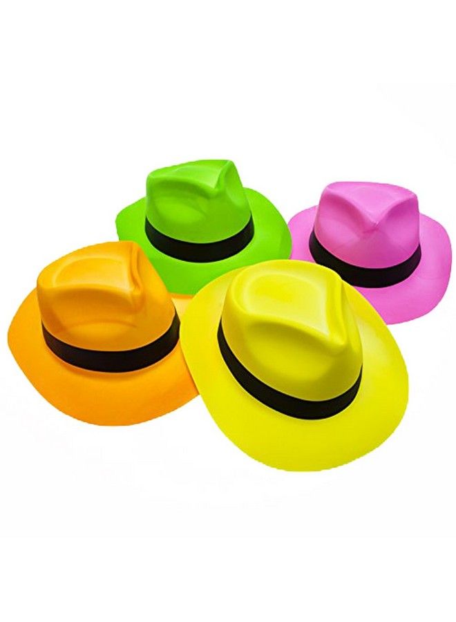 Novelty Place قبعات حفلات بلاستيكية نيون، قبعة فيدورا بتصميم عصابة مافيا، قبعات حفلات مضيئة بالأشعة فوق البنفسجية للأطفال والمراهقين في أعياد الميلاد والحفلات الموسيقية (عبوة من 12 قطعة) - Image 1