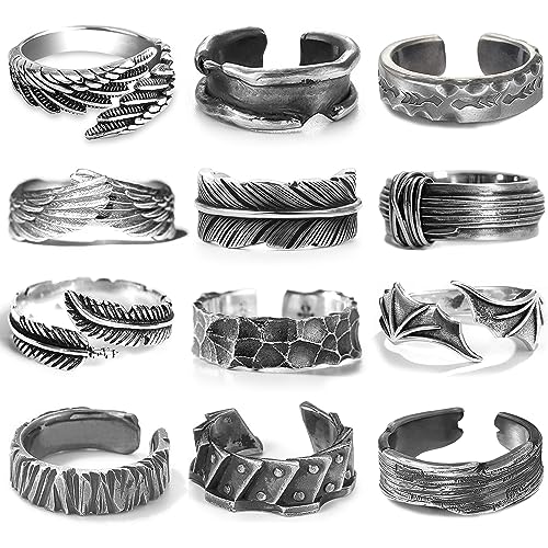 RIOSO 12Pcs Vintage Rings for Men Cool Adjustable Angel Wings Ring Goth Punk Open Ring Set - Image 1