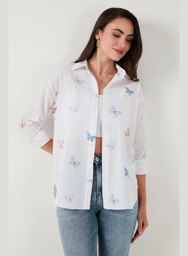 ليلا قميص نسائي قطن وكتان بنقوشات مقاس عادي