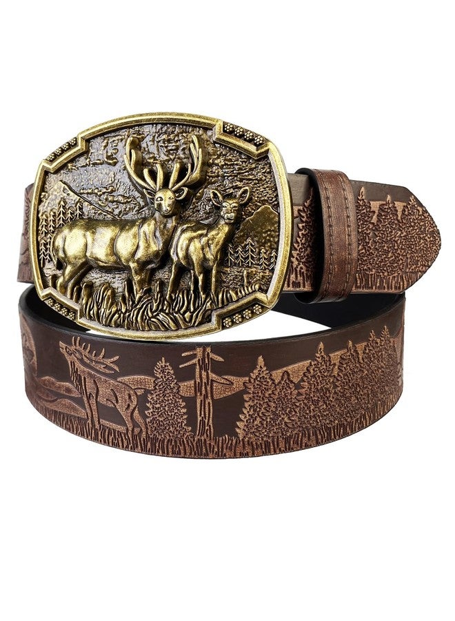TOPACC Cowboy Belts for Men Women Deer Western Belt Buckle Dark Brown Leather Country Belt for Jeans Pants Christmas Gift - Image 1