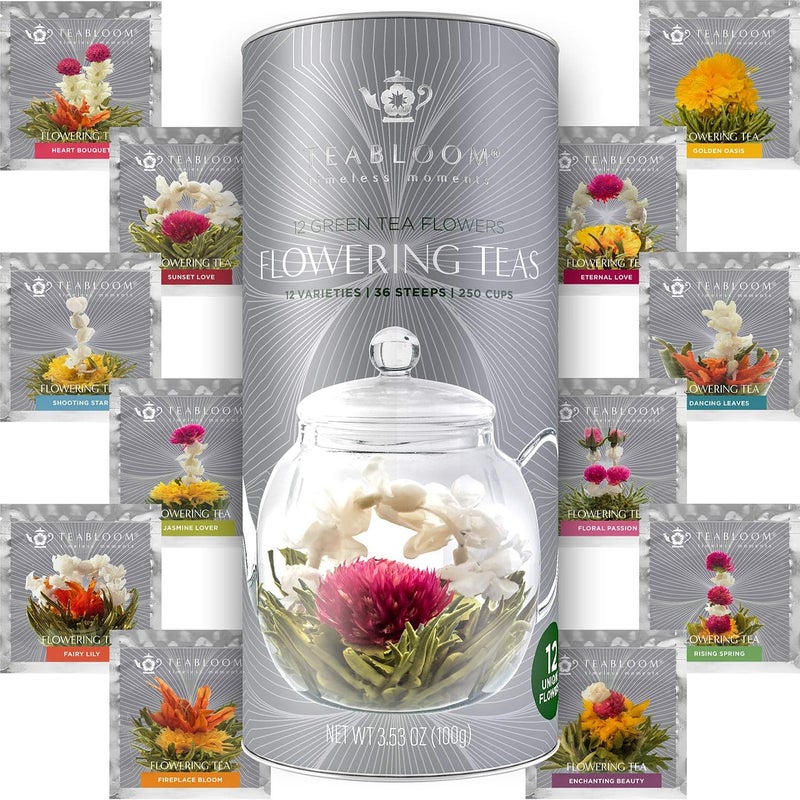 Teabloom Complete Glass Tea Set – Teapot (40 oz), Loose Tea Infuser, 4 Insulated Teacups, Tea Warmer with Candlelight, and 12 Flowering Teas – Elegant Blooming Tea Gift Set - Image 5