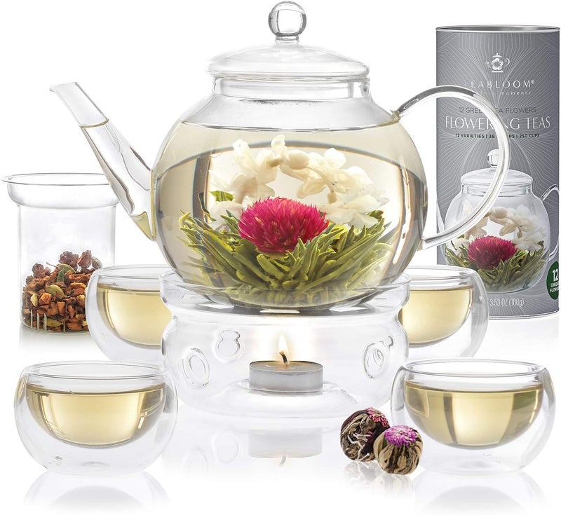 Teabloom Complete Glass Tea Set – Teapot (40 oz), Loose Tea Infuser, 4 Insulated Teacups, Tea Warmer with Candlelight, and 12 Flowering Teas – Elegant Blooming Tea Gift Set - Image 1