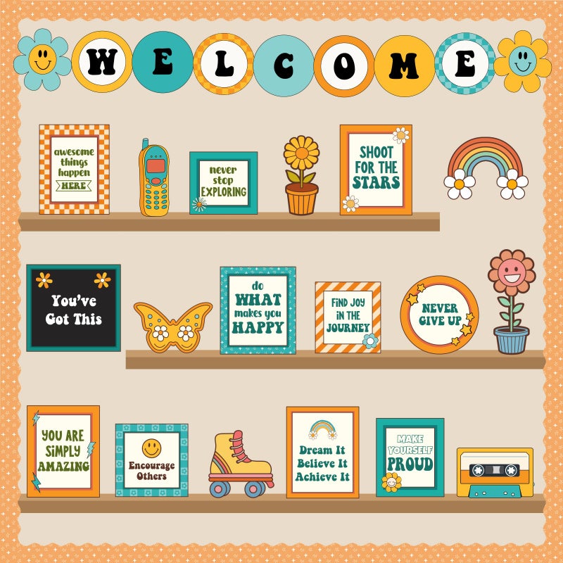 VABAMNA Welcome Back to School Bulletin Board Decorations, Hippie Retro Classroom Decorations Motivational Bookshelf Cutouts Groovy Bulletin Board Set for Classroom School Office Door Wall Decor - Image 1