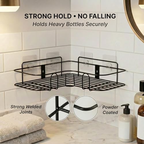 DALUCI Set of 2 Metal Bathroom Corner Shelf Rack | No Drilling Self Adhesive Wall Mounted Storage Organizer for Bathroom & Kitchen | Rustproof Bathroom Shelves (8 & 9 INCH, Black) - Image 5