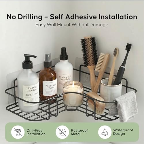 DALUCI Set of 2 Metal Bathroom Corner Shelf Rack | No Drilling Self Adhesive Wall Mounted Storage Organizer for Bathroom & Kitchen | Rustproof Bathroom Shelves (8 & 9 INCH, Black) - Image 4