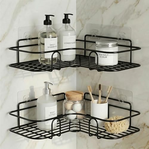 DALUCI Set of 2 Metal Bathroom Corner Shelf Rack | No Drilling Self Adhesive Wall Mounted Storage Organizer for Bathroom & Kitchen | Rustproof Bathroom Shelves (8 & 9 INCH, Black) - Image 1