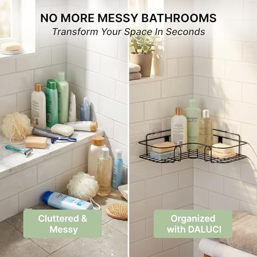 DALUCI Set of 2 Metal Bathroom Corner Shelf Rack | No Drilling Self Adhesive Wall Mounted Storage Organizer for Bathroom & Kitchen | Rustproof Bathroom Shelves (8 & 9 INCH, Black) - Image 2